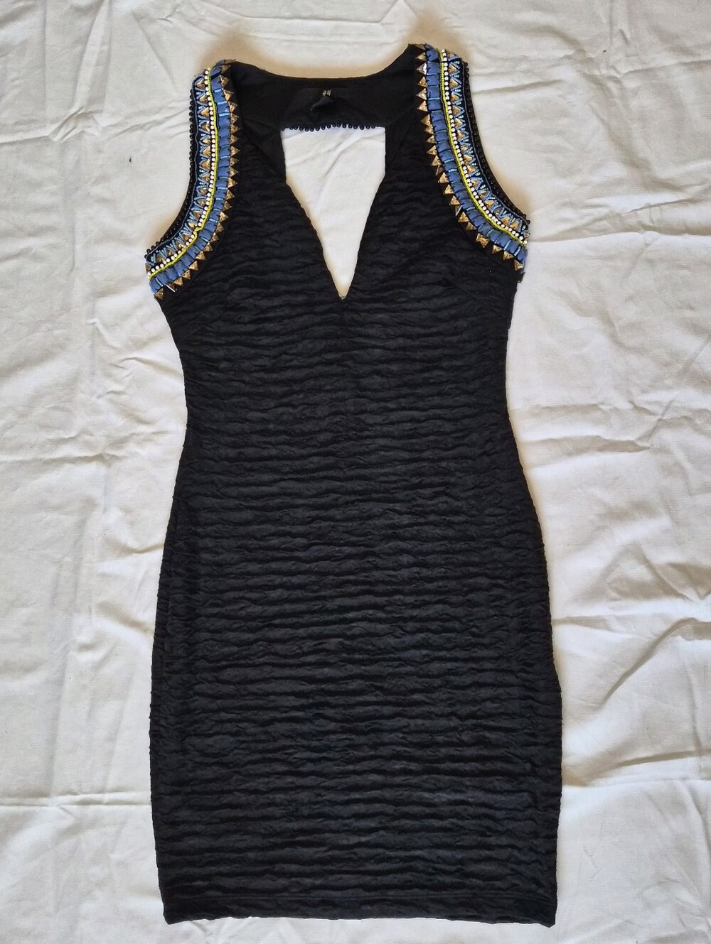 Y2k Tribal Black Beaded Bodycon Open Back Sleeveless Tank Cocktail Club Dress